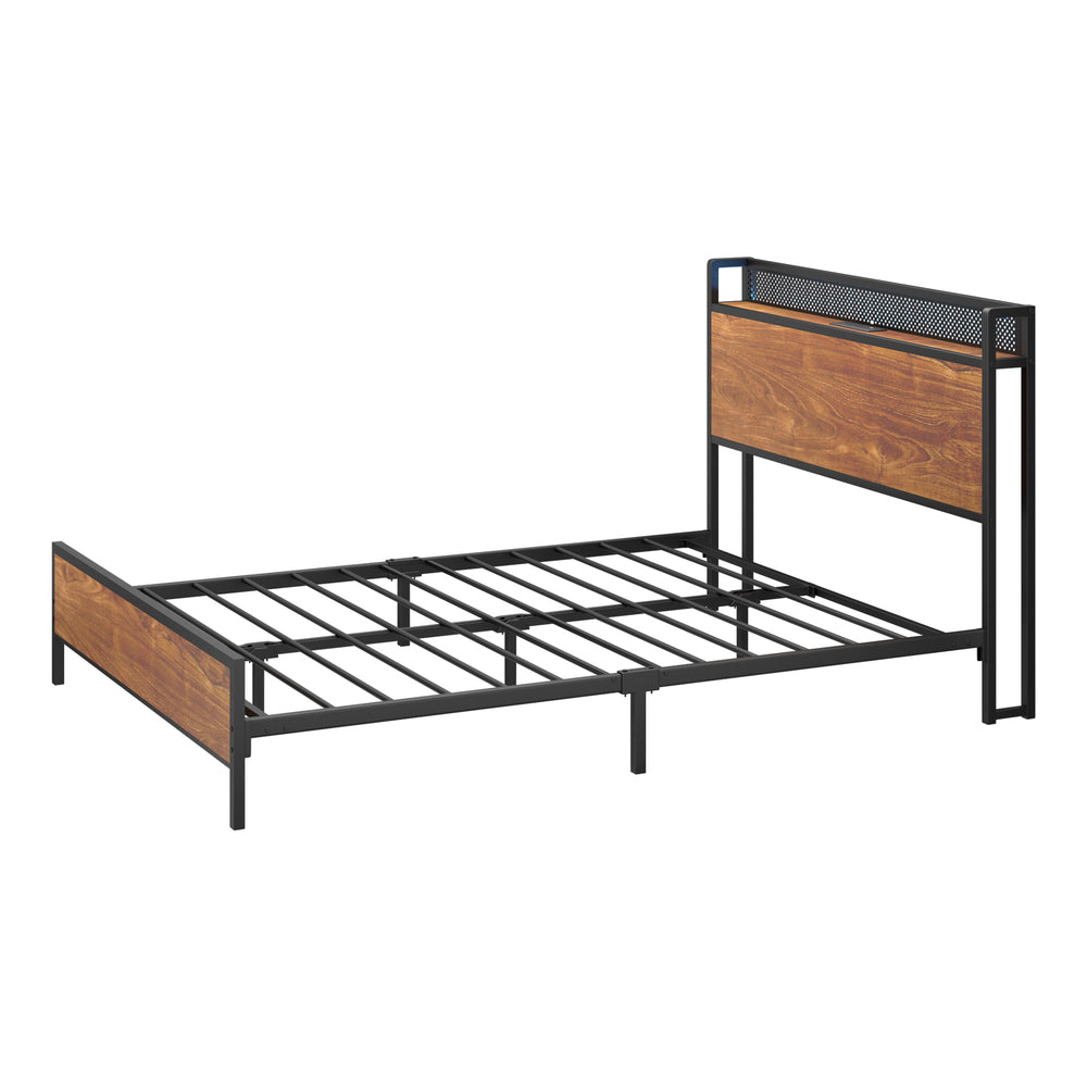 Oikiture Metal Bed Frame Double Size LED USB Charge Storage Headboard-Metal Bed Frame-PEROZ Accessories