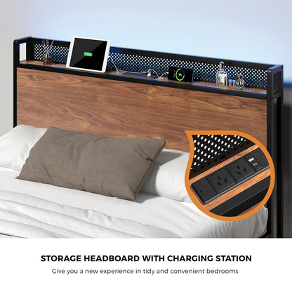 Oikiture Metal Bed Frame Double Size LED USB Charge Storage Headboard-Metal Bed Frame-PEROZ Accessories