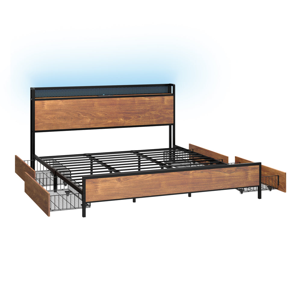 Oikiture Metal Bed Frame King Size LED Headboard 4 Storage Drawers USB-Metal Bed Frame-PEROZ Accessories