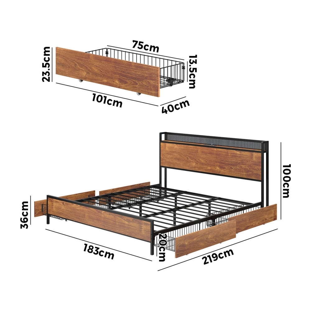Oikiture Metal Bed Frame King Size LED Headboard 4 Storage Drawers USB-Metal Bed Frame-PEROZ Accessories