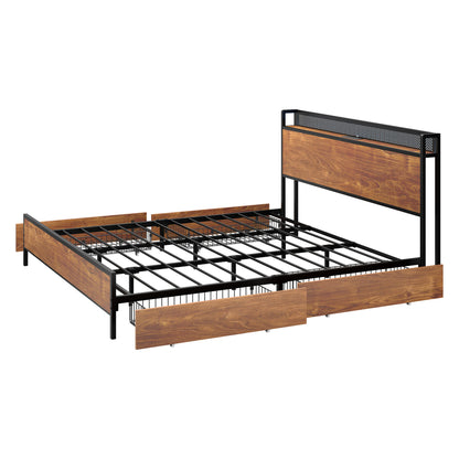 Oikiture Metal Bed Frame King Size LED Headboard 4 Storage Drawers USB-Metal Bed Frame-PEROZ Accessories