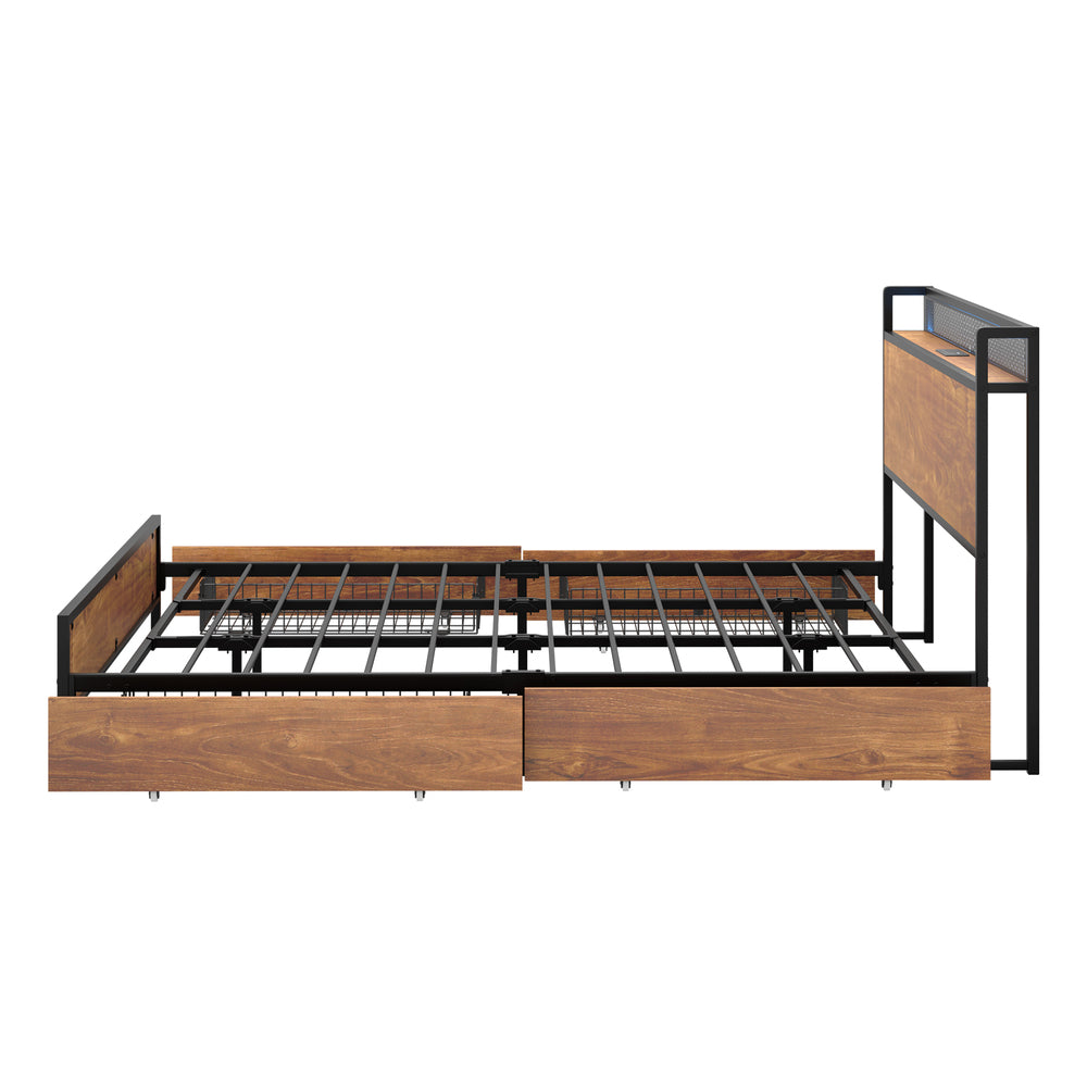 Oikiture Metal Bed Frame King Size LED Headboard 4 Storage Drawers USB-Metal Bed Frame-PEROZ Accessories