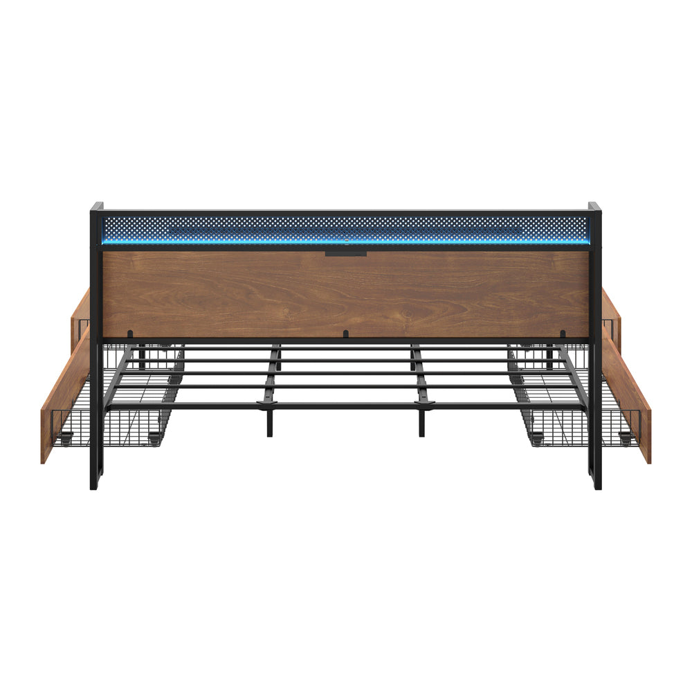 Oikiture Metal Bed Frame King Size LED Headboard 4 Storage Drawers USB-Metal Bed Frame-PEROZ Accessories