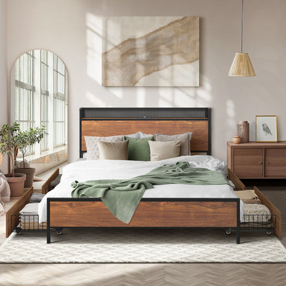 Oikiture Metal Bed Frame King Size LED Headboard 4 Storage Drawers USB-Metal Bed Frame-PEROZ Accessories