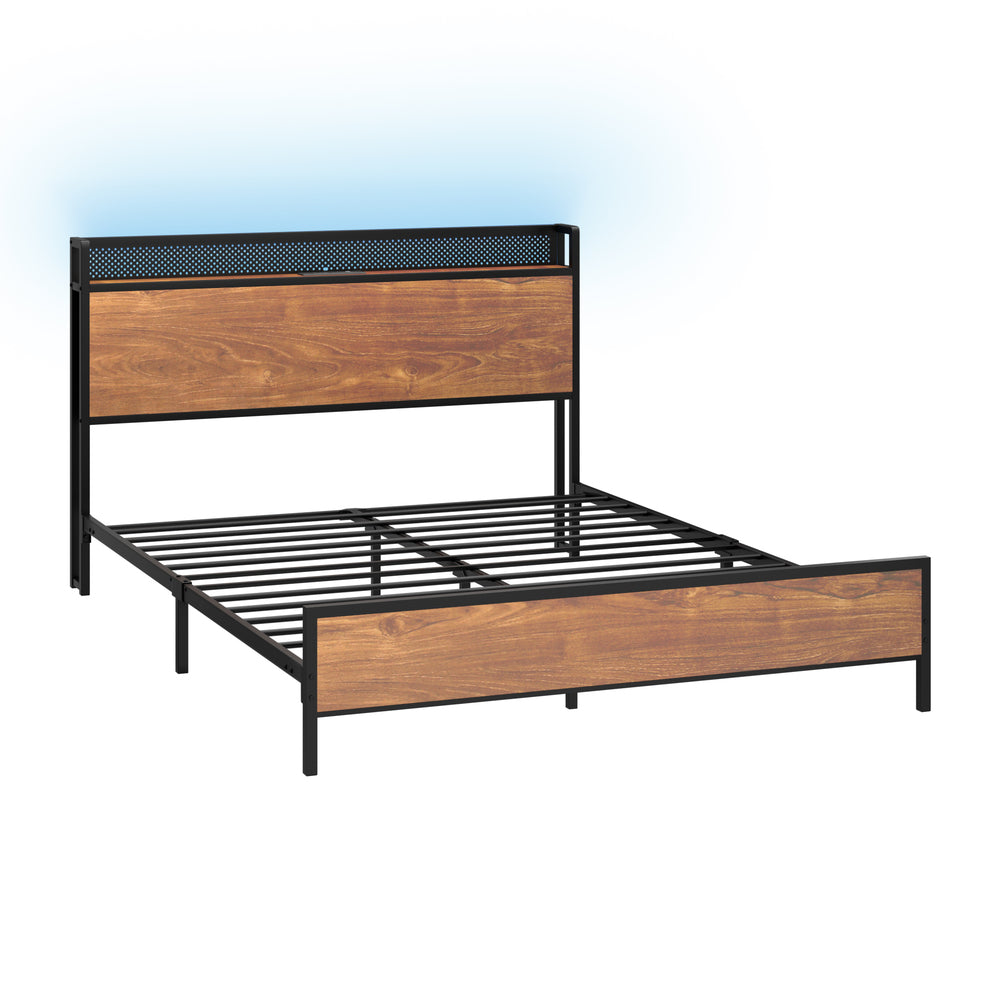Oikiture Metal Bed Frame King Size LED USB Charge Storage Headboard-Metal Bed Frame-PEROZ Accessories
