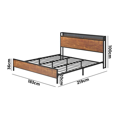 Oikiture Metal Bed Frame King Size LED USB Charge Storage Headboard-Metal Bed Frame-PEROZ Accessories