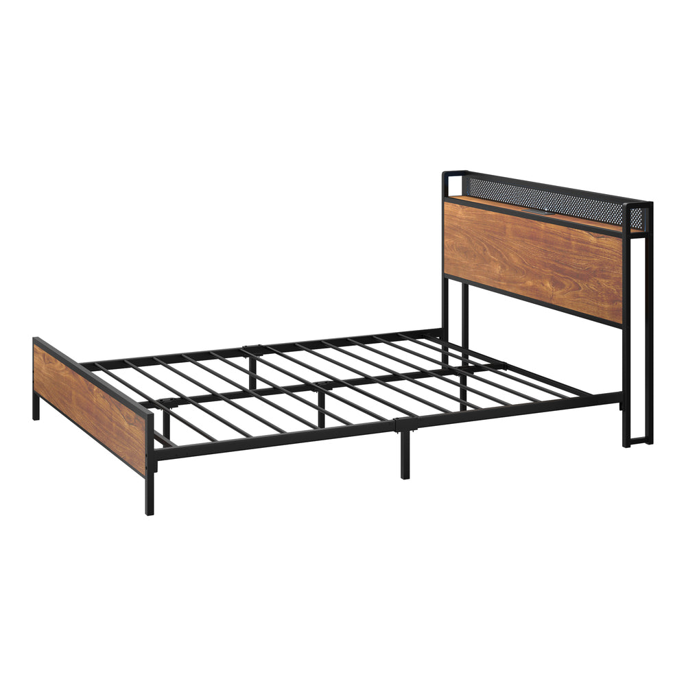 Oikiture Metal Bed Frame King Size LED USB Charge Storage Headboard-Metal Bed Frame-PEROZ Accessories