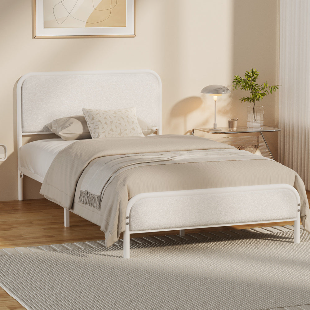 Oikiture Metal Bed Frame King Single Size Bedhead Boucle Fabric Beige-Metal Bed Frame-PEROZ Accessories