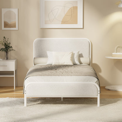 Oikiture Metal Bed Frame King Single Size Bedhead Boucle Fabric Beige-Metal Bed Frame-PEROZ Accessories
