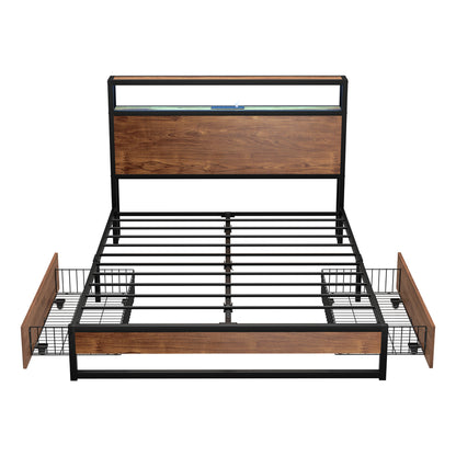 Oikiture Metal Bed Frame Double LED Storage Headboard USB Charging &amp; 2 Drawers-Metal Bed Frame-PEROZ Accessories