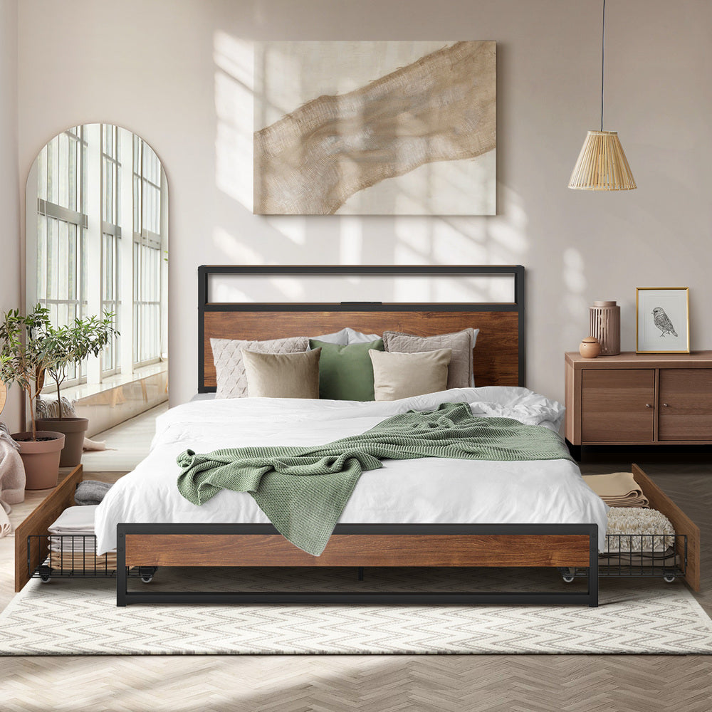 Oikiture Metal Bed Frame Double LED Storage Headboard USB Charging &amp; 2 Drawers-Metal Bed Frame-PEROZ Accessories