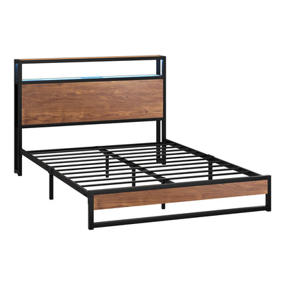 Oikiture Metal Bed Frame Double Size LED Storage Headboard USB Charge-Metal Bed Frame-PEROZ Accessories