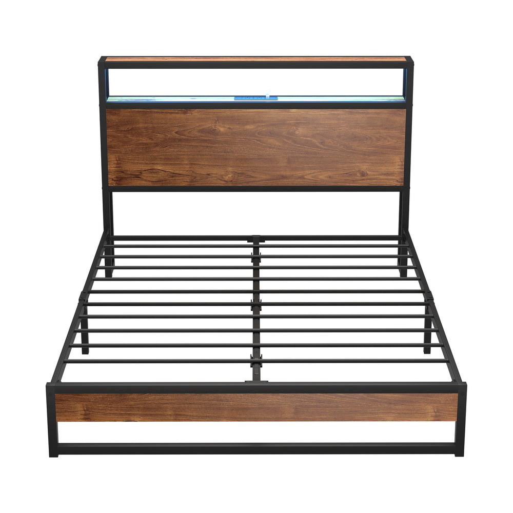Oikiture Metal Bed Frame Double Size LED Storage Headboard USB Charge-Metal Bed Frame-PEROZ Accessories
