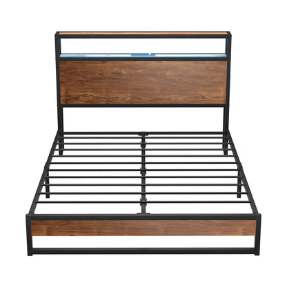 Oikiture Metal Bed Frame Double Size LED Storage Headboard USB Charge-Metal Bed Frame-PEROZ Accessories