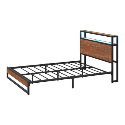 Oikiture Metal Bed Frame Double Size LED Storage Headboard USB Charge-Metal Bed Frame-PEROZ Accessories