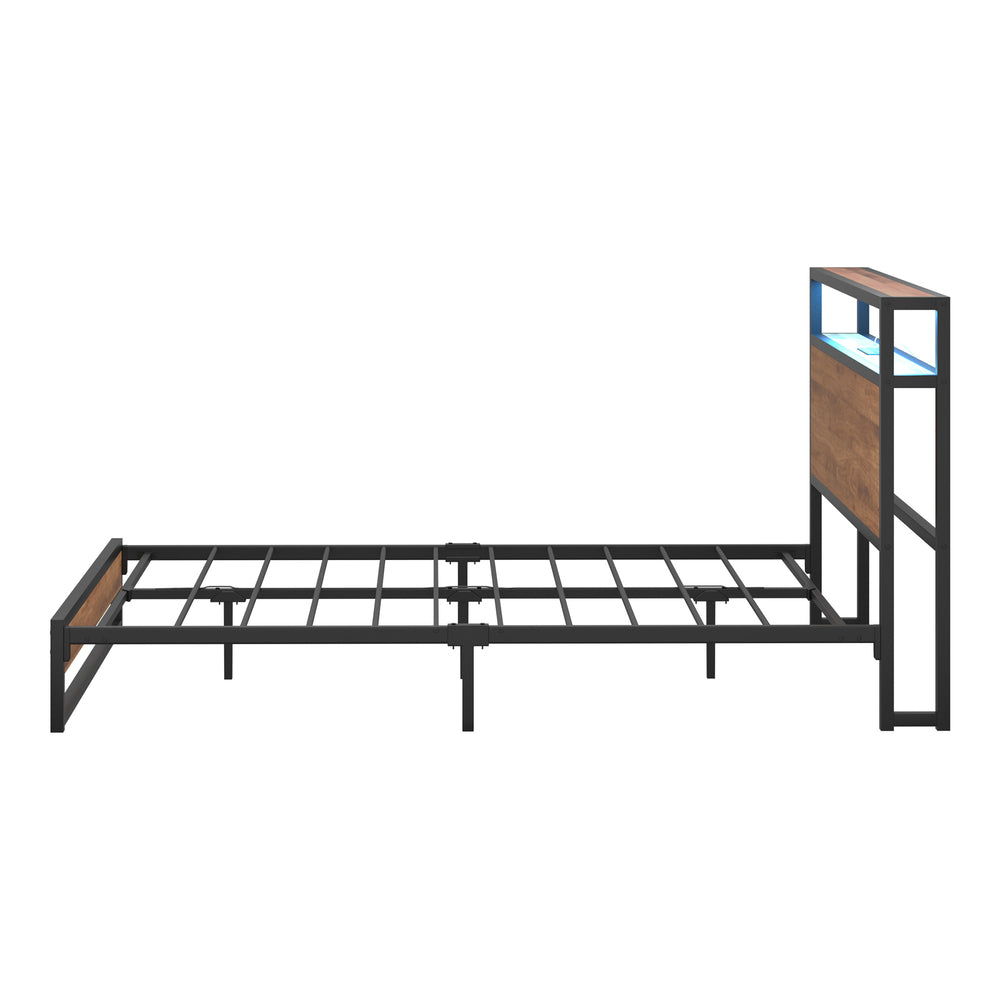 Oikiture Metal Bed Frame Double Size LED Storage Headboard USB Charge-Metal Bed Frame-PEROZ Accessories