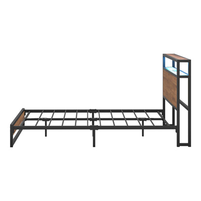 Oikiture Metal Bed Frame Double Size LED Storage Headboard USB Charge-Metal Bed Frame-PEROZ Accessories