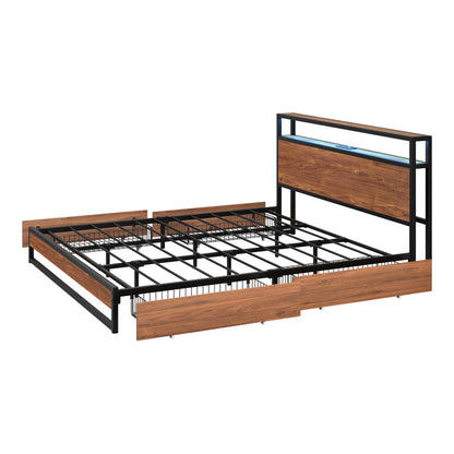 Oikiture Metal Bed Frame King LED Storage Headboard USB Charging &amp; 4 Drawers-Metal Bed Frame-PEROZ Accessories
