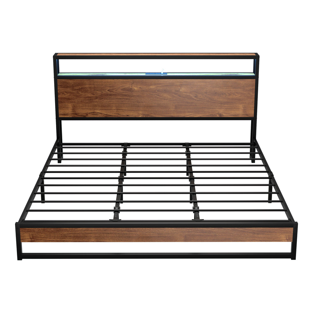 Oikiture Metal Bed Frame King Size LED Storage Headboard USB Charge-Metal Bed Frame-PEROZ Accessories
