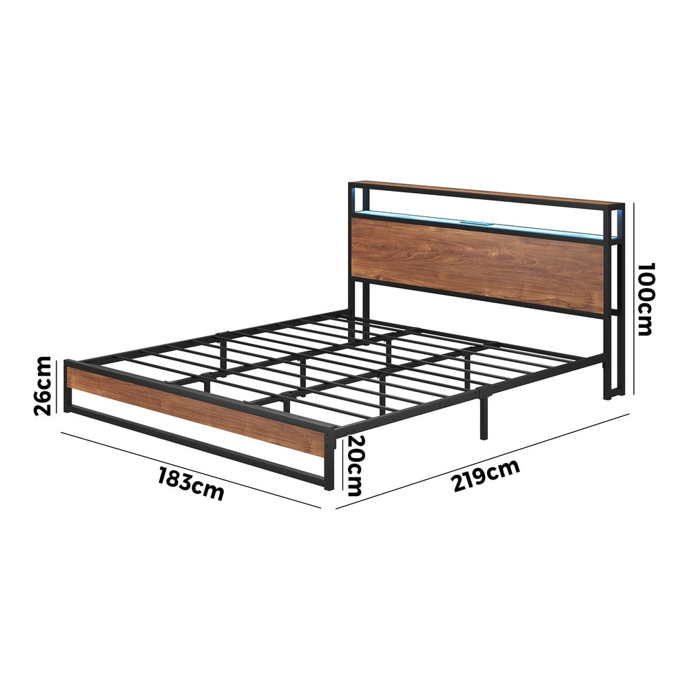 Oikiture Metal Bed Frame King Size LED Storage Headboard USB Charge-Metal Bed Frame-PEROZ Accessories