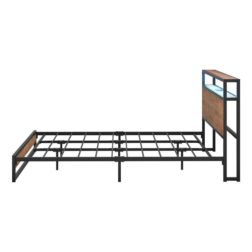 Oikiture Metal Bed Frame King Size LED Storage Headboard USB Charge-Metal Bed Frame-PEROZ Accessories