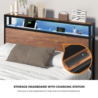 Oikiture Metal Bed Frame King Size LED Storage Headboard USB Charge-Metal Bed Frame-PEROZ Accessories