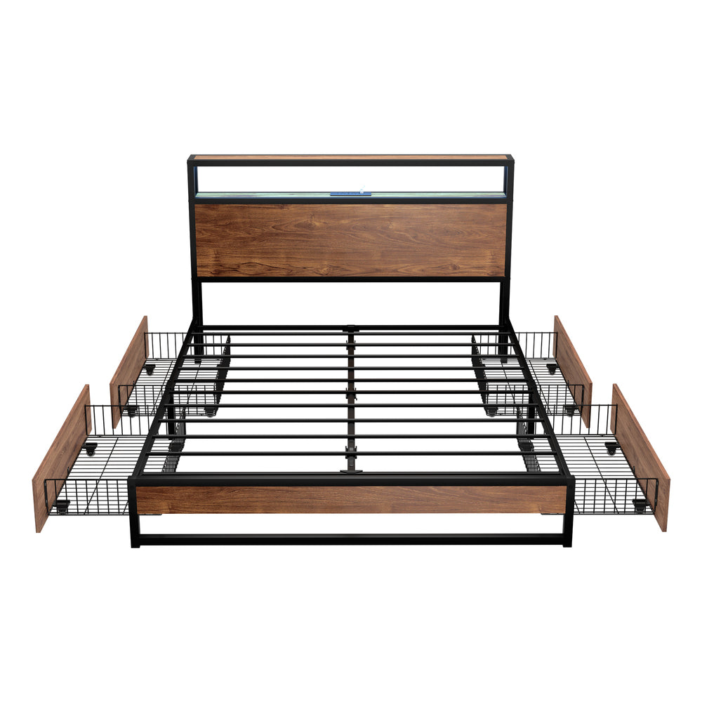 Oikiture Metal Bed Frame Queen LED Storage Headboard USB Charging &amp; 4 Drawers-Metal Bed Frame-PEROZ Accessories
