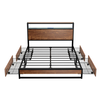 Oikiture Metal Bed Frame Queen LED Storage Headboard USB Charging &amp; 4 Drawers-Metal Bed Frame-PEROZ Accessories