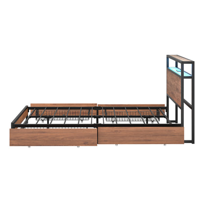 Oikiture Metal Bed Frame Queen LED Storage Headboard USB Charging &amp; 4 Drawers-Metal Bed Frame-PEROZ Accessories