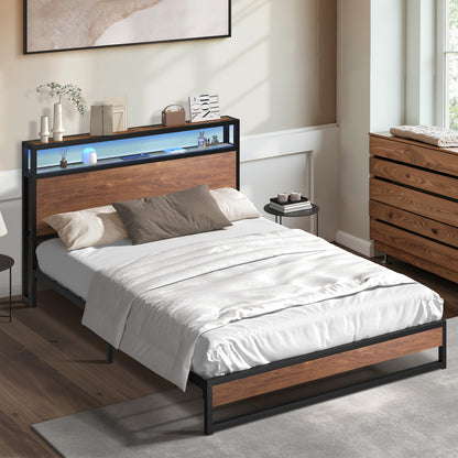 Oikiture Metal Bed Frame Queen Size LED Storage Headboard USB Charge-Metal Bed Frame-PEROZ Accessories