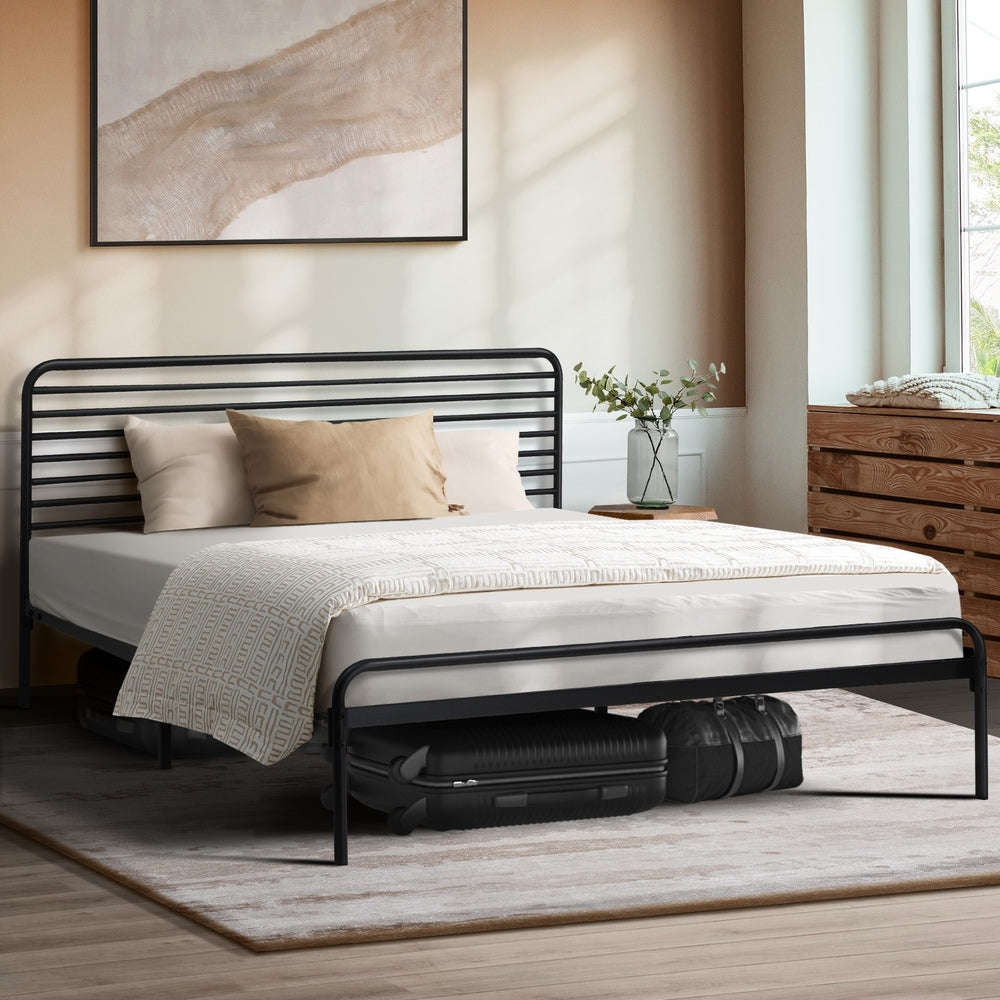 Oikiture Double Metal Bed Frame Railing-style Black-Metal Bed Frames-PEROZ Accessories