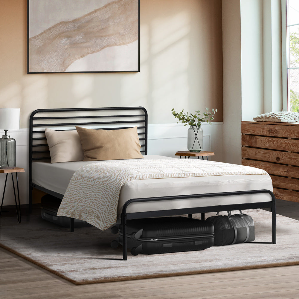 Oikiture King Single Metal Bed Frame Railing-style Black-Metal Bed Frames-PEROZ Accessories