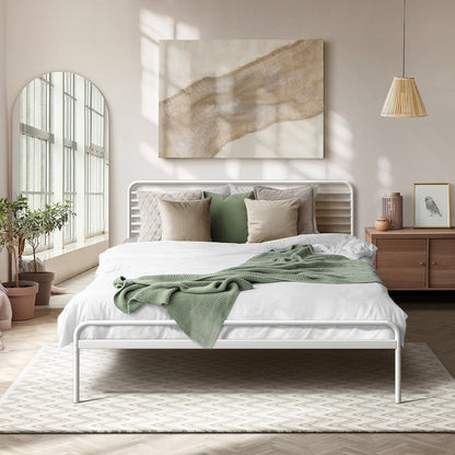 Oikiture Metal Bed Frame Queen Size Platform White-Metal Bed Frames-PEROZ Accessories