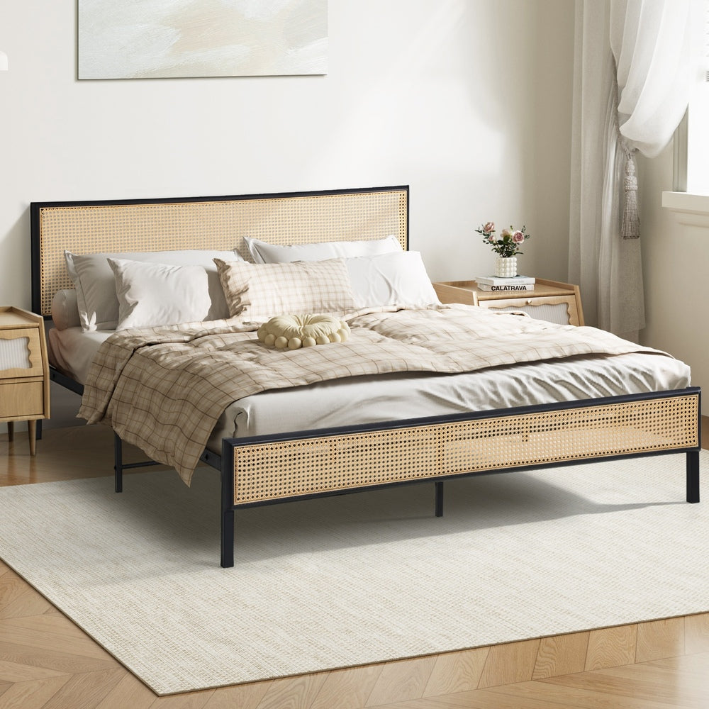 Oikiture Metal Bed Frame Queen Size with Rattan Board-Metal Bed Frame-PEROZ Accessories
