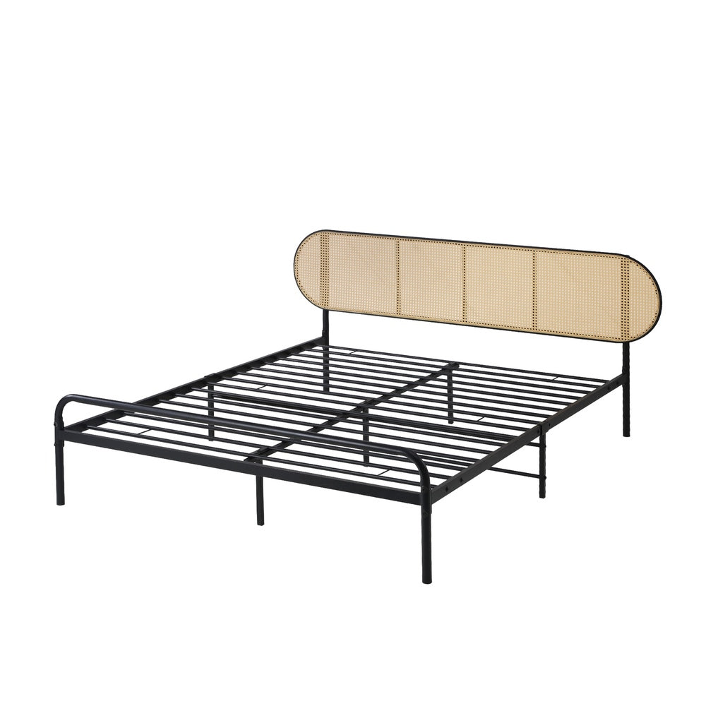 Oikiture Bed Frame Double Metal Base Rattan Headboard-Metal Bed Frame-PEROZ Accessories