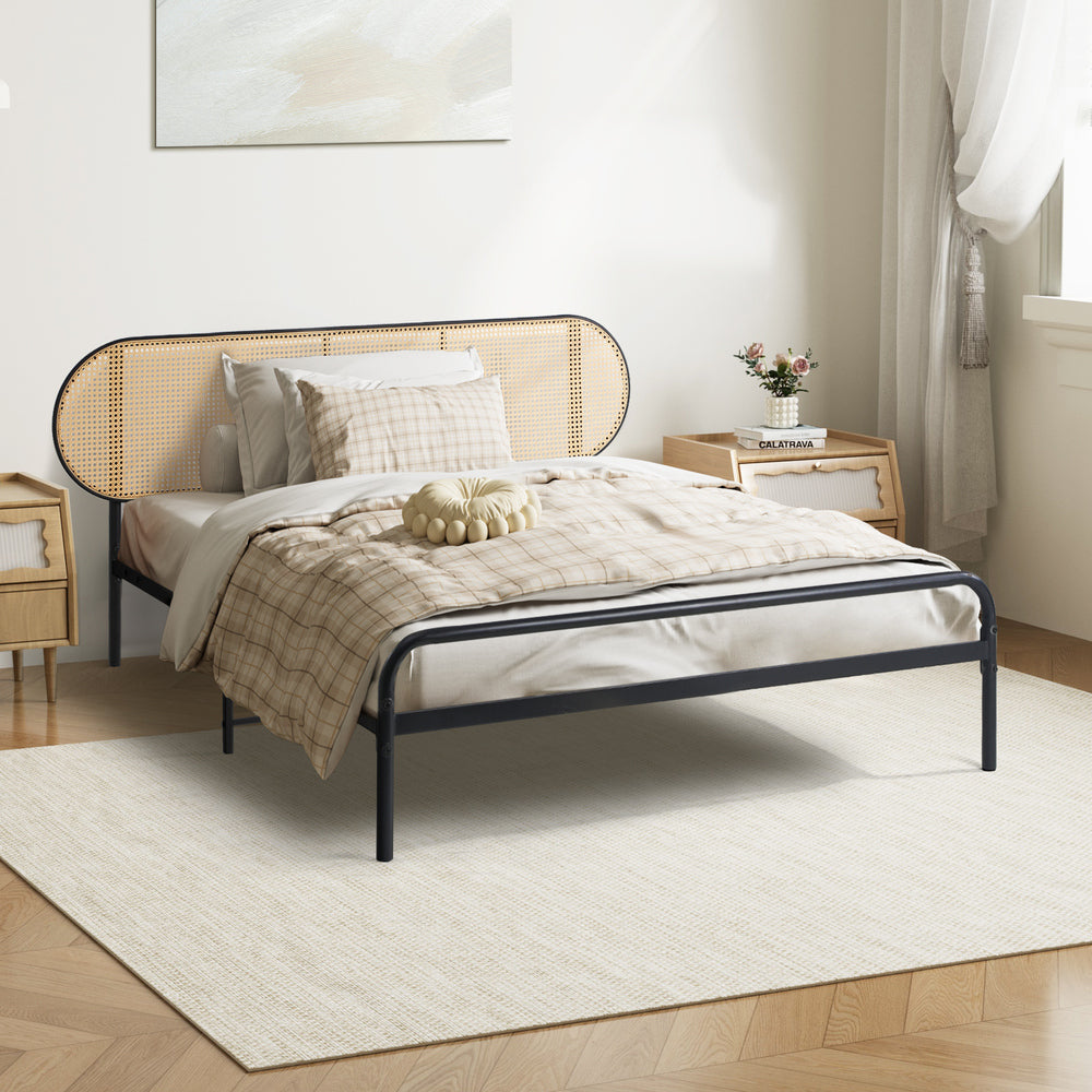 Oikiture Bed Frame Single Metal Base Rattan Headboard-Metal Bed Frame-PEROZ Accessories