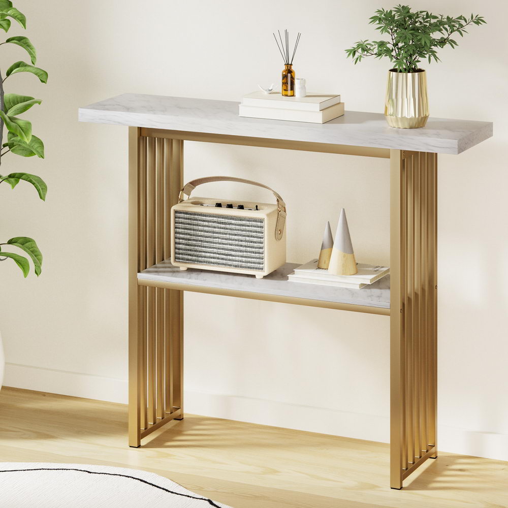Artiss Console Table Marble Effect White&amp;Gold-Furniture &gt; Living Room &gt; Side Tables-PEROZ Accessories