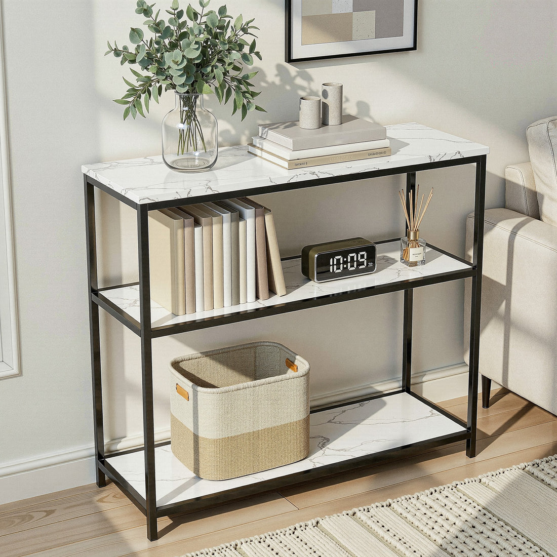 Artiss Console Table Marble Effect 3-Tier Sofa Entryway Side Table 90CM White-Furniture > Living Room > Side Tables-PEROZ Accessories