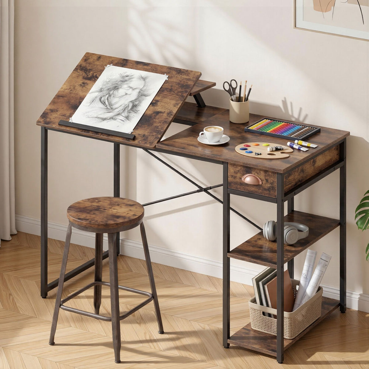 Artiss Computer Desk Drafting Drawing Table Tiltable Top Rustic Brown 108cm-Furniture > Office > Desks-PEROZ Accessories