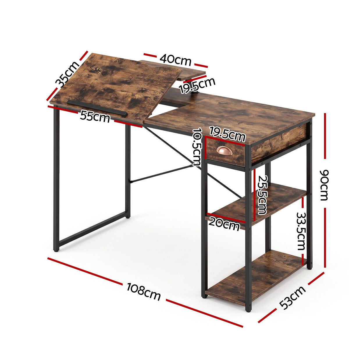 Artiss Computer Desk Drafting Drawing Table Tiltable Top Rustic Brown 108cm-Furniture > Office > Desks-PEROZ Accessories