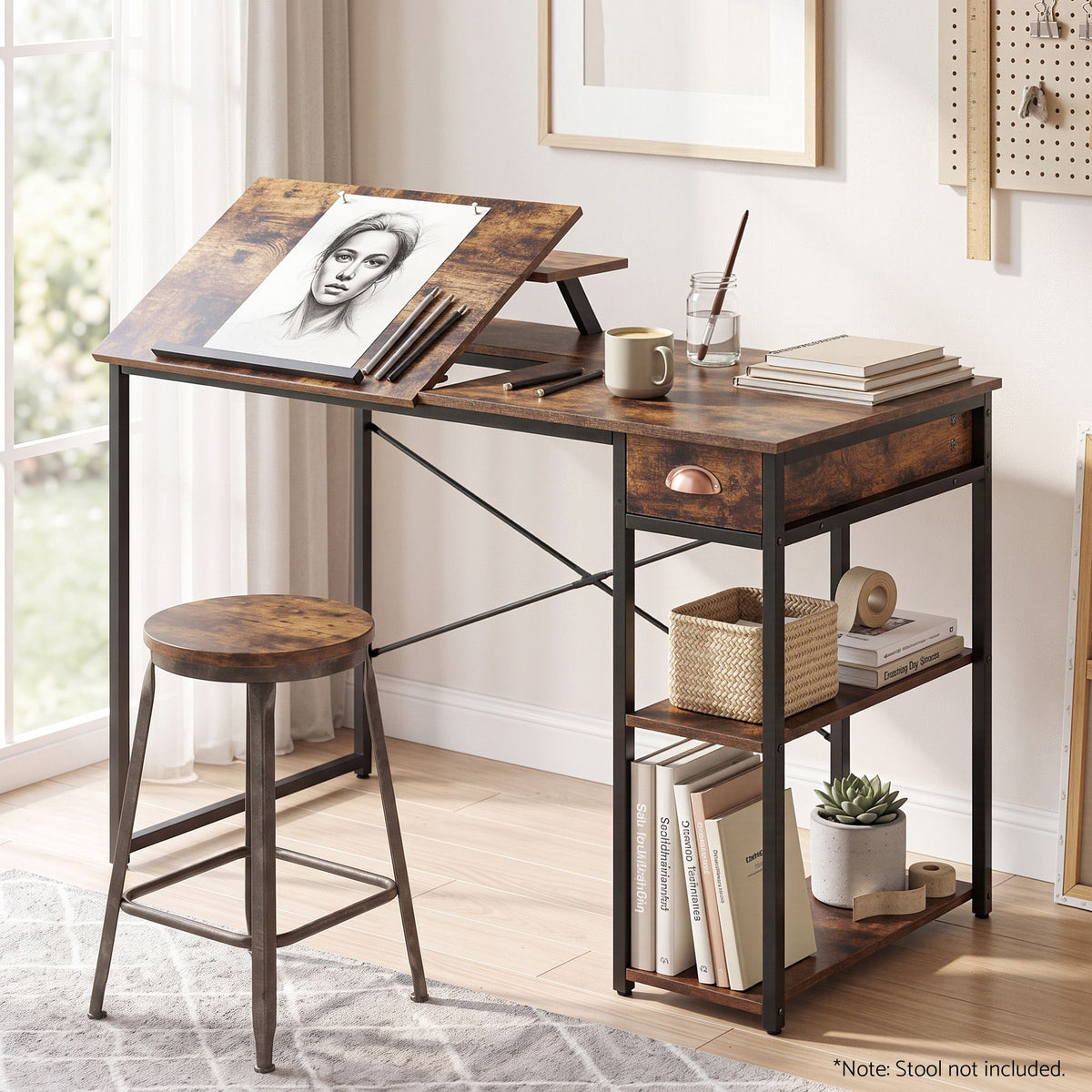 Artiss Computer Desk Drafting Drawing Table Tiltable Top Rustic Brown 108cm-Furniture > Office > Desks-PEROZ Accessories