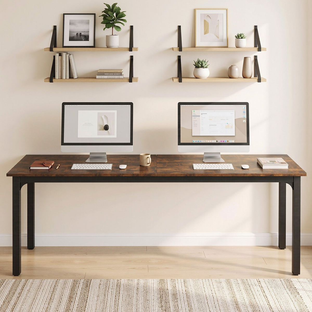 Artiss Computer Desk 2 Person Double Workstation Study Table Rustic Brown 200cm-Furniture > Office > Desks-PEROZ Accessories