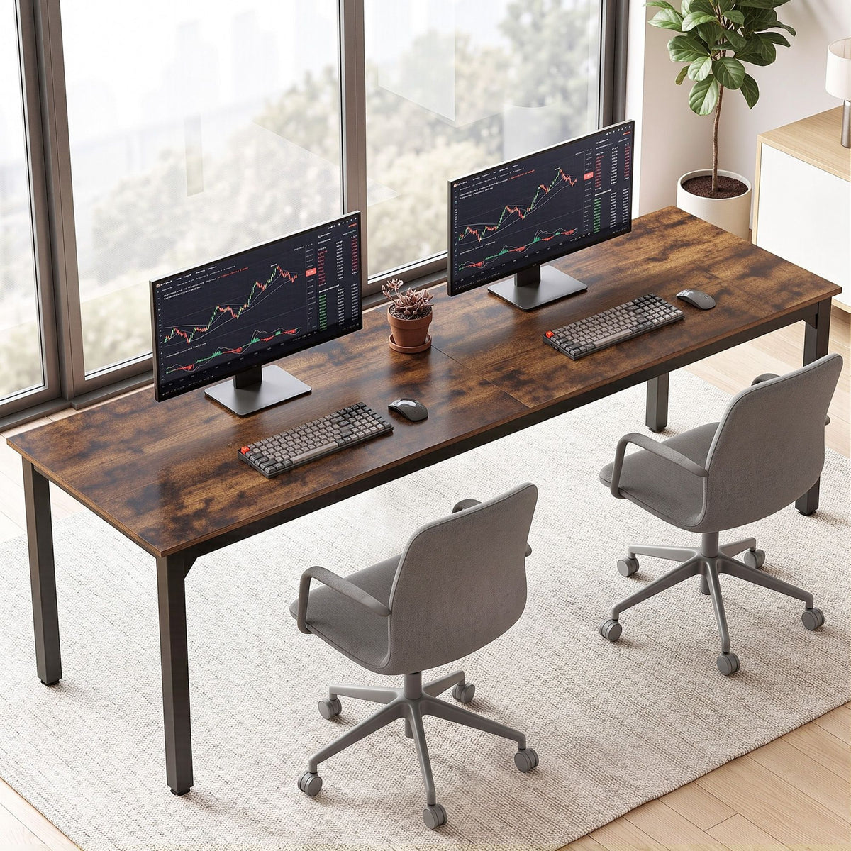 Artiss Computer Desk 2 Person Double Workstation Study Table Rustic Brown 200cm-Furniture > Office > Desks-PEROZ Accessories