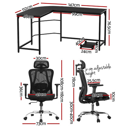 Artiss Computer Desk L-Shape Corner Desks Ergonomic Office Chair Mesh Chairs-Furniture &gt; Office &gt; Desks-PEROZ Accessories