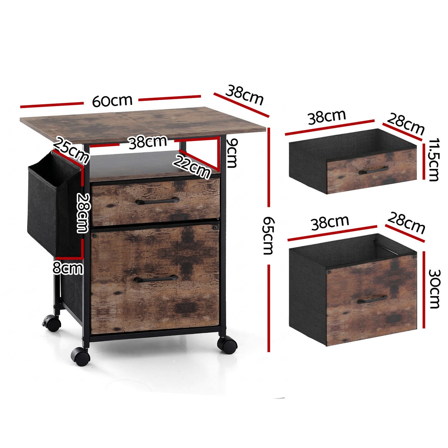 Artiss 2 Fabric Drawer File Cabinet Printer Stand Rolling File Cabinet with Side Bag-Furniture > Office > Storage Cabinets-PEROZ Accessories