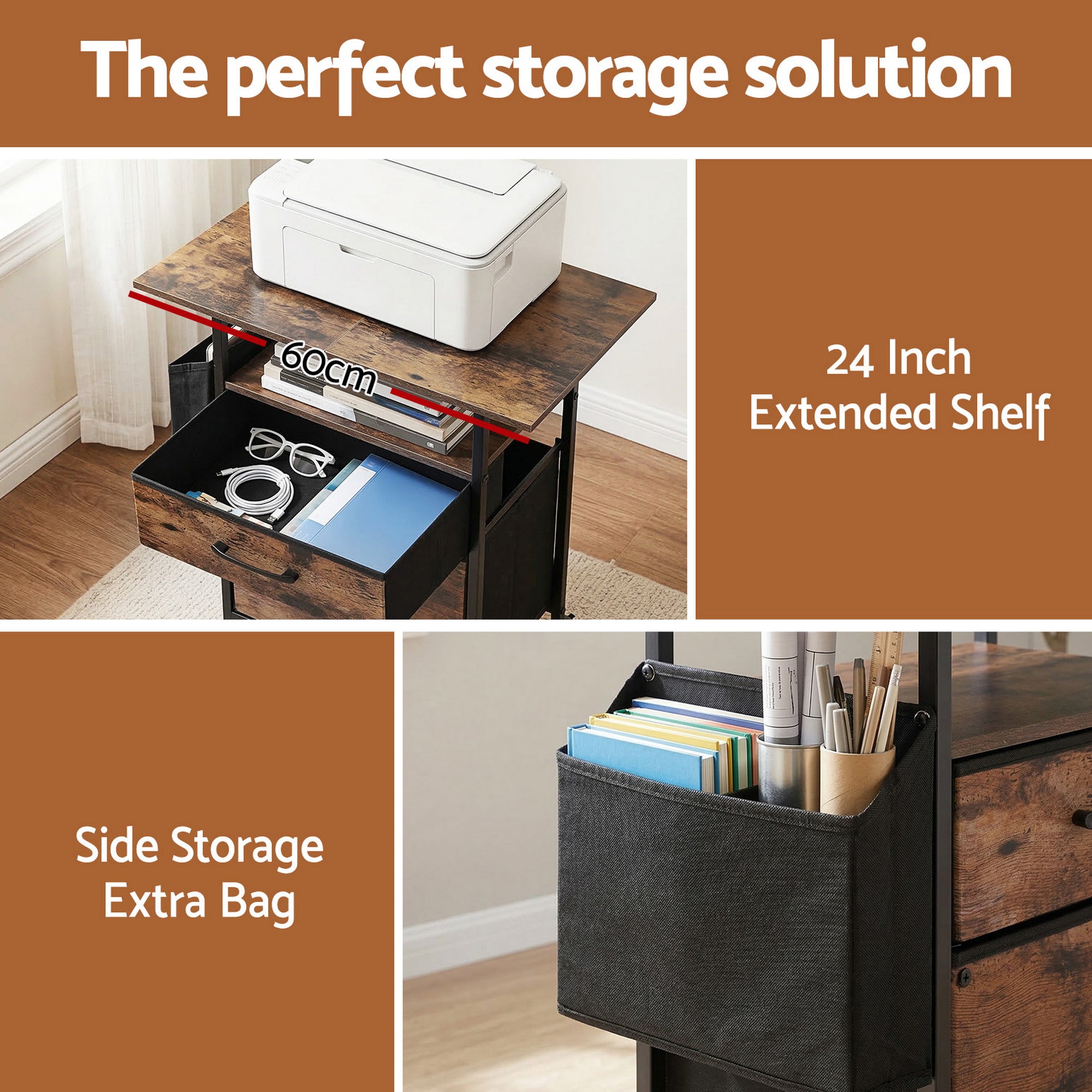 Artiss 2 Fabric Drawer File Cabinet Printer Stand Rolling File Cabinet with Side Bag-Furniture > Office > Storage Cabinets-PEROZ Accessories