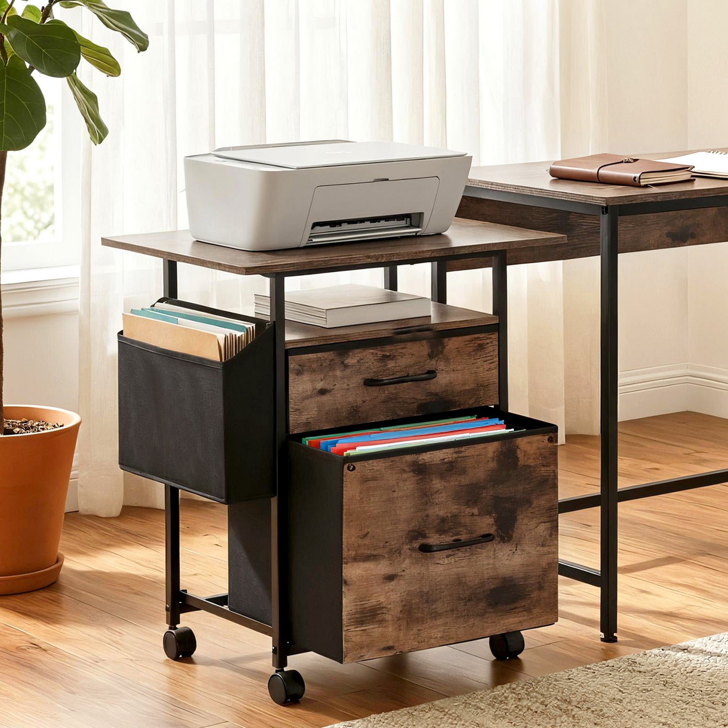 Artiss 2 Fabric Drawer File Cabinet Printer Stand Rolling File Cabinet with Side Bag-Furniture > Office > Storage Cabinets-PEROZ Accessories