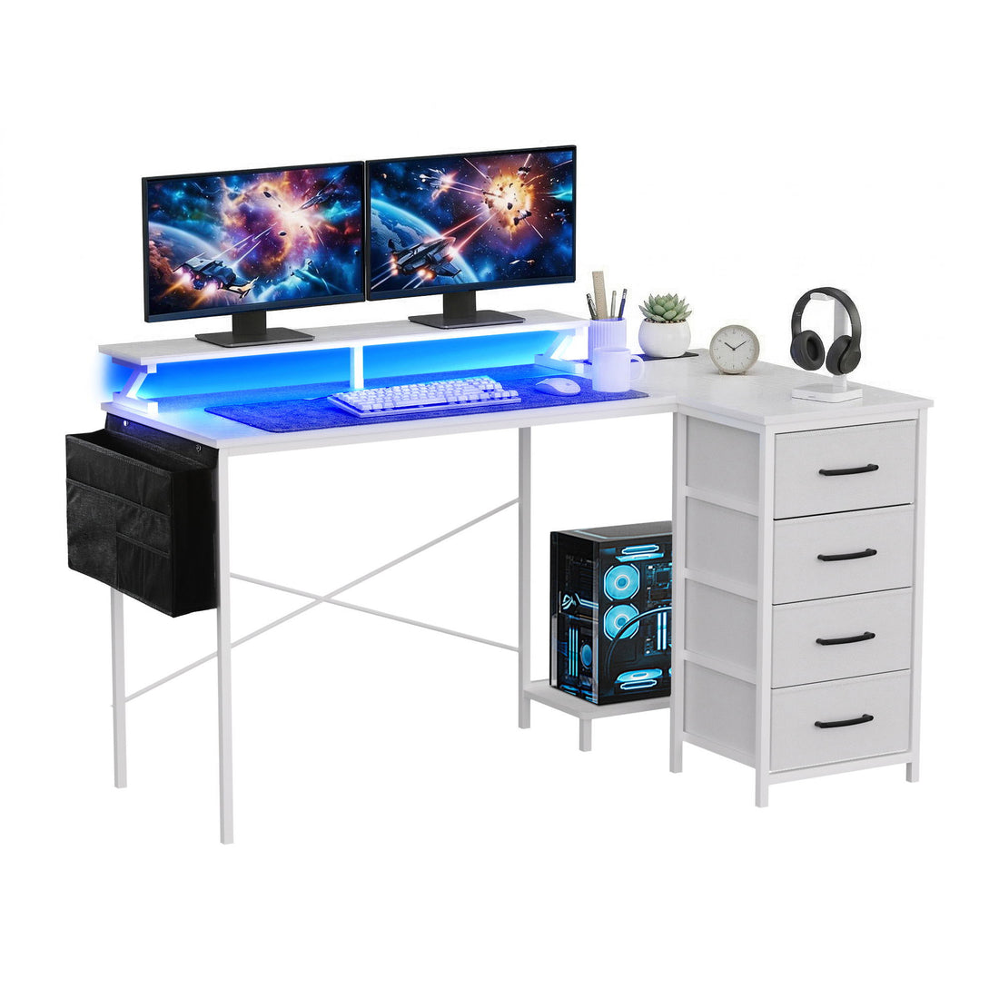 Artiss 140cm L Shaped Gaming Desk Computer Desk with LED Lights &amp; Power Outlets-Furniture > Office > Desks-PEROZ Accessories