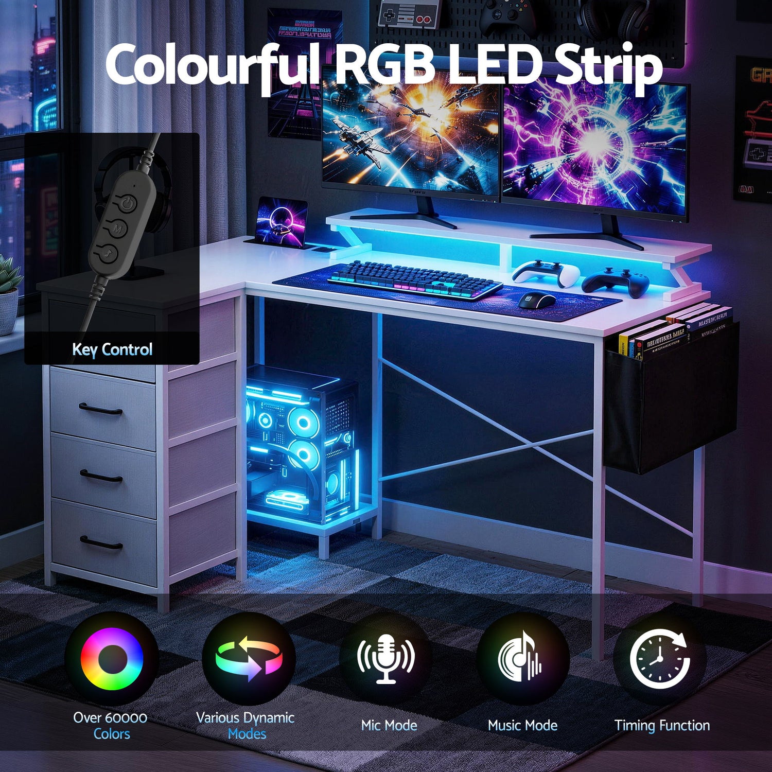 Artiss 140cm L Shaped Gaming Desk Computer Desk with LED Lights &amp; Power Outlets-Furniture > Office > Desks-PEROZ Accessories