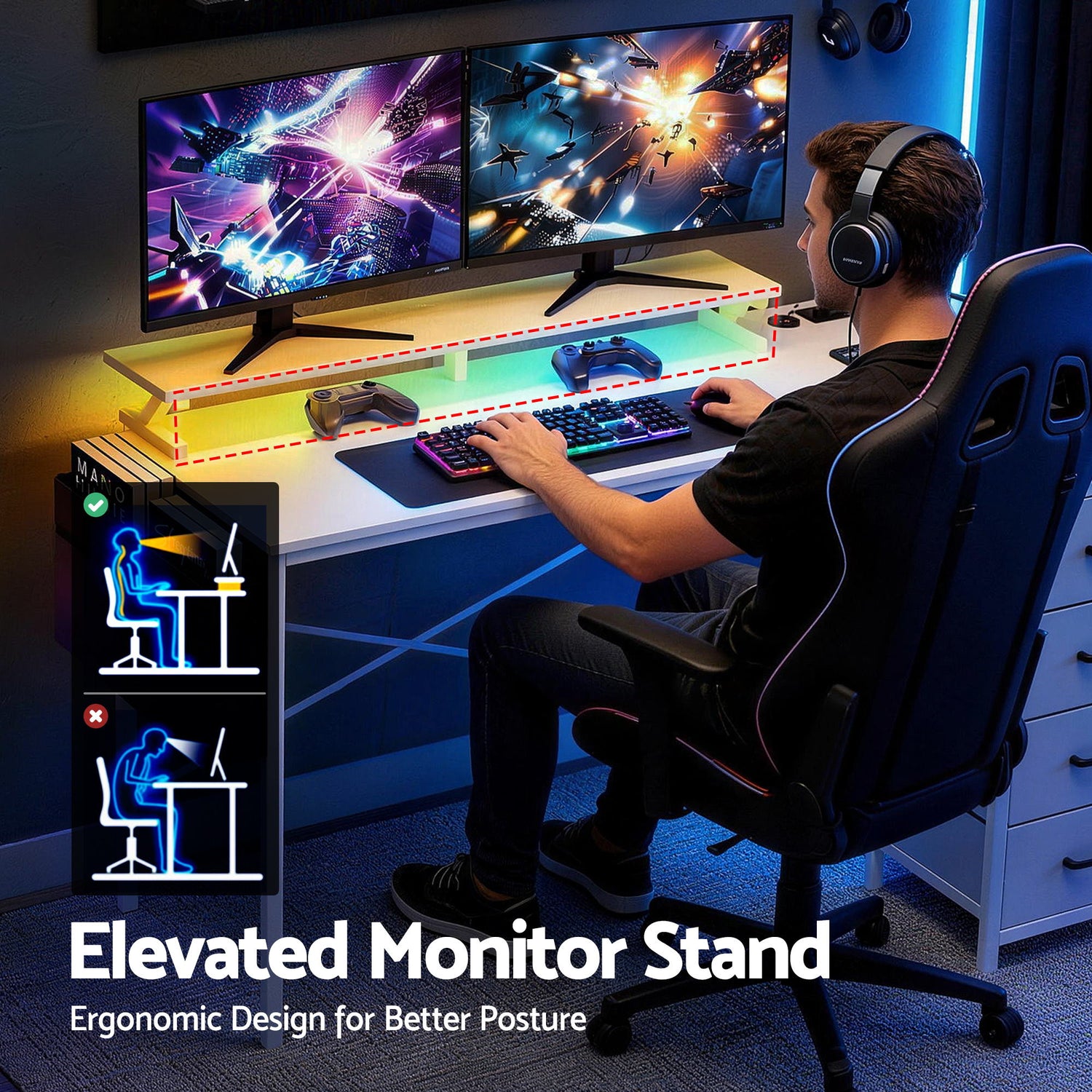 Artiss 140cm L Shaped Gaming Desk Computer Desk with LED Lights &amp; Power Outlets-Furniture > Office > Desks-PEROZ Accessories